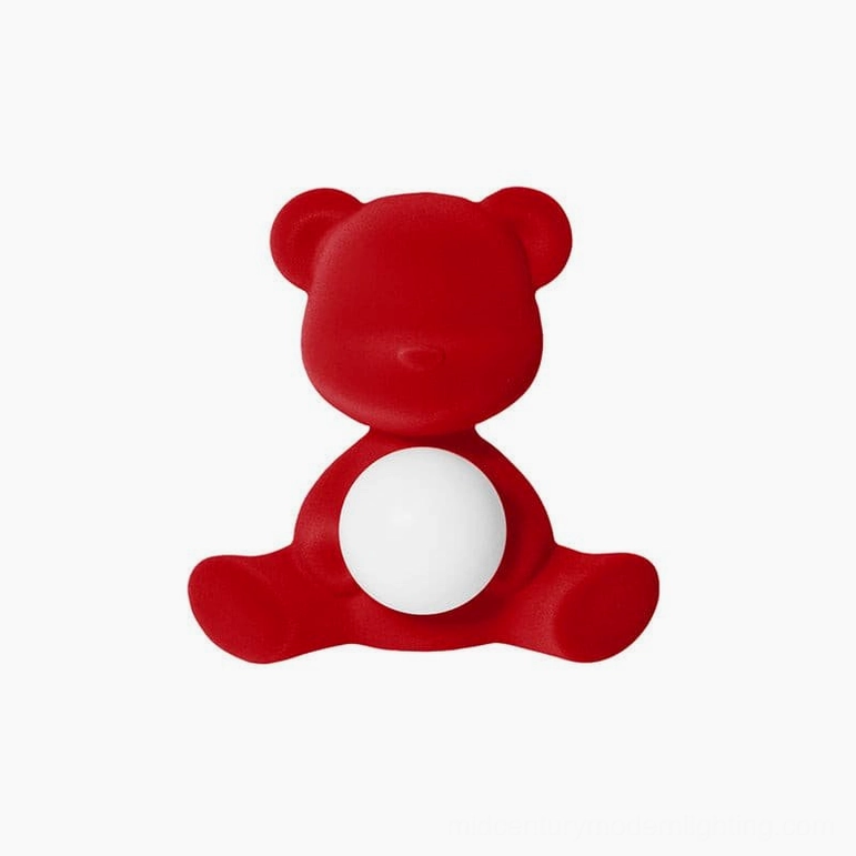 Red teddy bear table lamp detailed side angle view of sculptural form