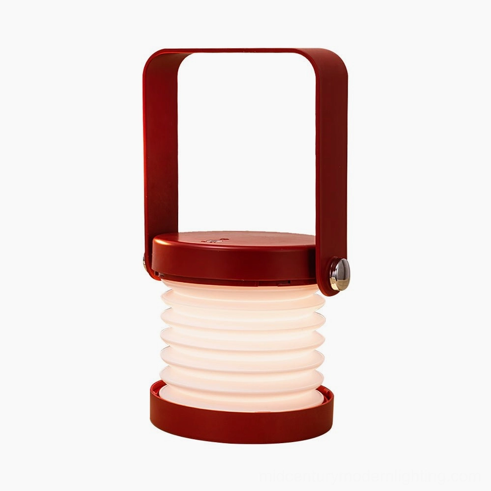 Red and wood color lantern portable lamp with honeycomb structure, bold finish for modern home accent lighting