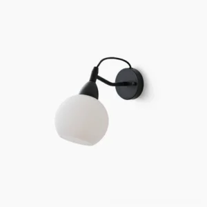 Reese spherical wall lamp front overhead view with matte black metal frame and frosted glass shade on white background