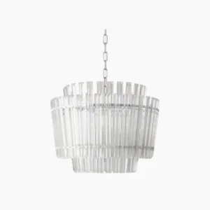 Regina crystal tiered chandelier overhead studio view showing cascading glass rod design with polished chrome hardware