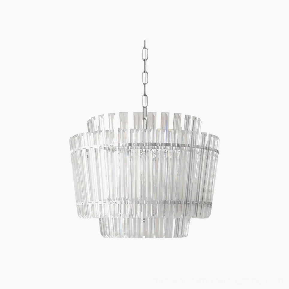 Regina crystal tiered chandelier overhead studio view showing cascading glass rod design with polished chrome hardware