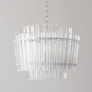 Close-up front view of Regina chandelier displaying double-tiered striated glass tubes and polished chrome frame detail