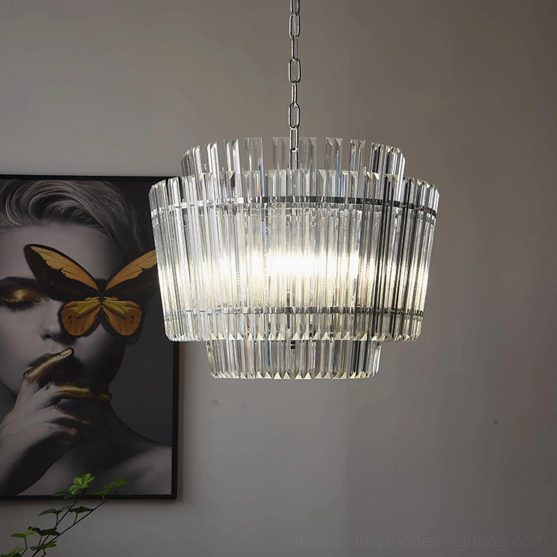 Regina crystal glass chandelier studio product shot highlighting polished chrome hardware and striated glass tube construction