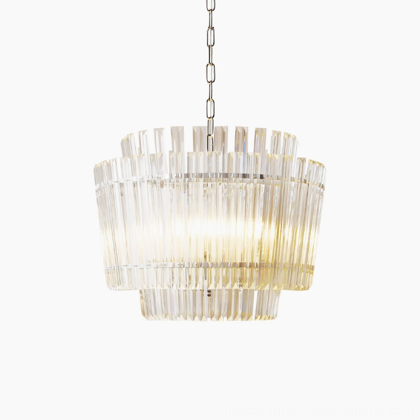 Regina chandelier studio photography showing tiered glass design with chrome suspension chain and complete fixture assembly