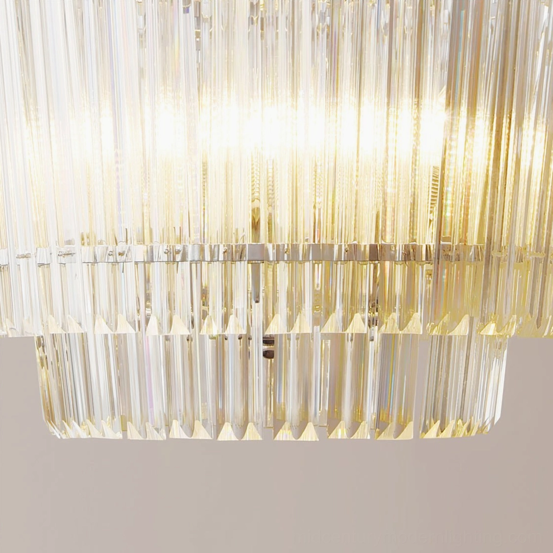 Studio overhead view of Regina chandelier showing complete double-tiered glass rod array with exposed E14 bulbs
