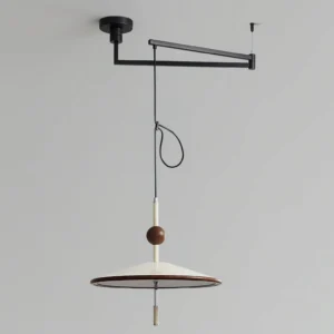 Close-up detail of Remy pendant light featuring black metal swing arm and decorative wooden spherical accent on neutral gray background