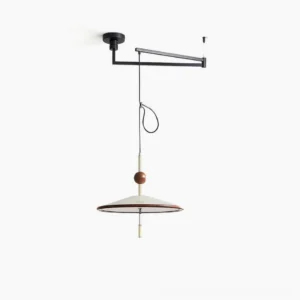 Remy swing arm pendant light with cream metal frame and walnut wood accent displayed against minimalist white studio background, showcasing mid-century modern design