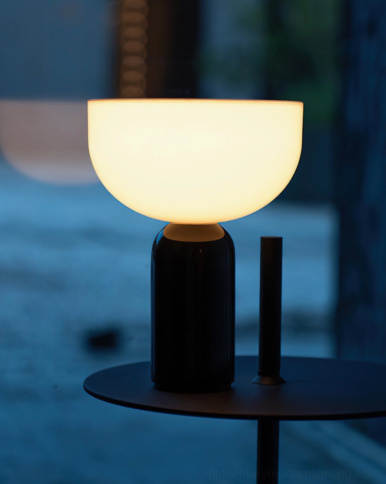 Modern LED marble table lamp Renard with natural stone base and frosted glass diffuser close-up detail