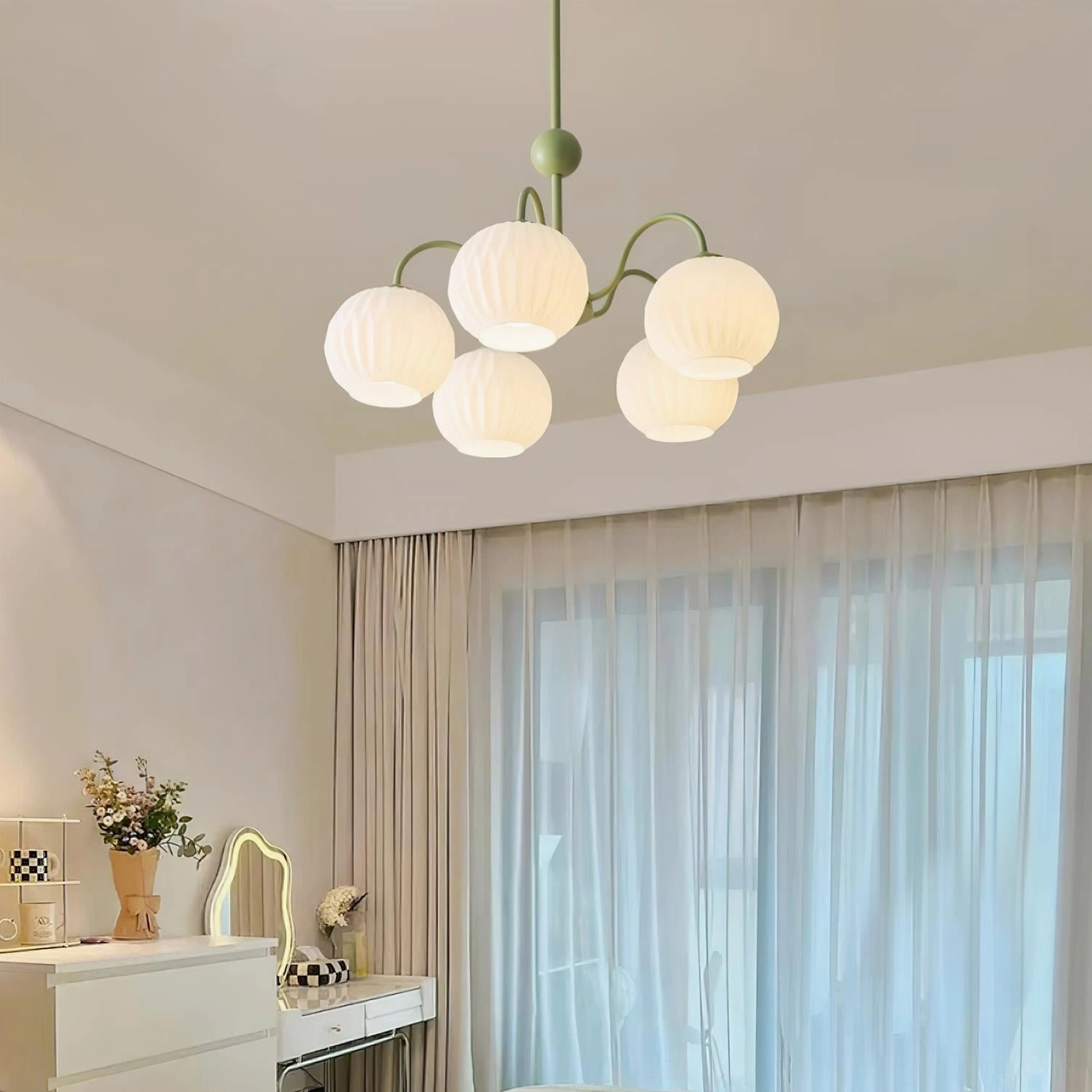 Renee 3-head black frame chandelier in modern bedroom ambient lighting close detail