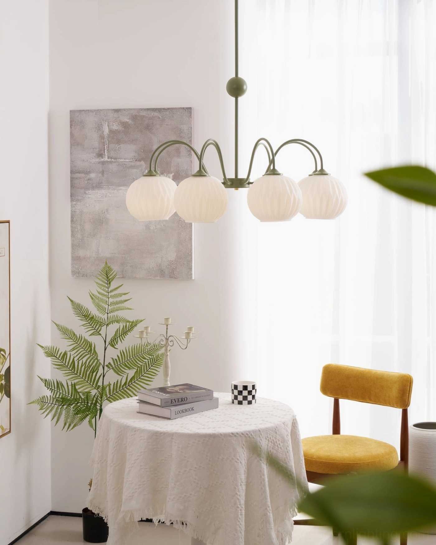Renee 3-head globe pendant chandelier in sage green finish overhead view of installation