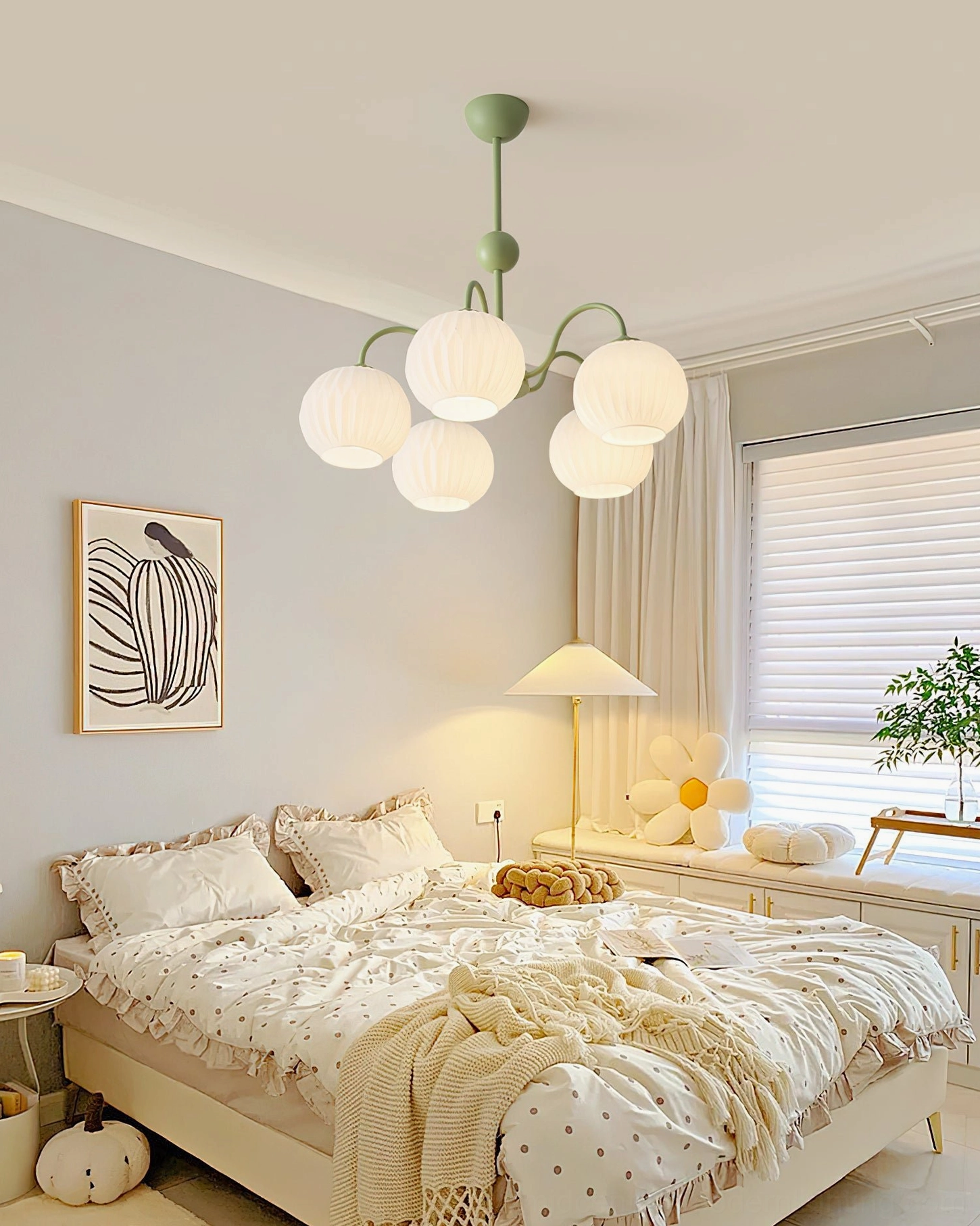 Renee sage green metal frame 3-head chandelier bottom view suspension rod configuration