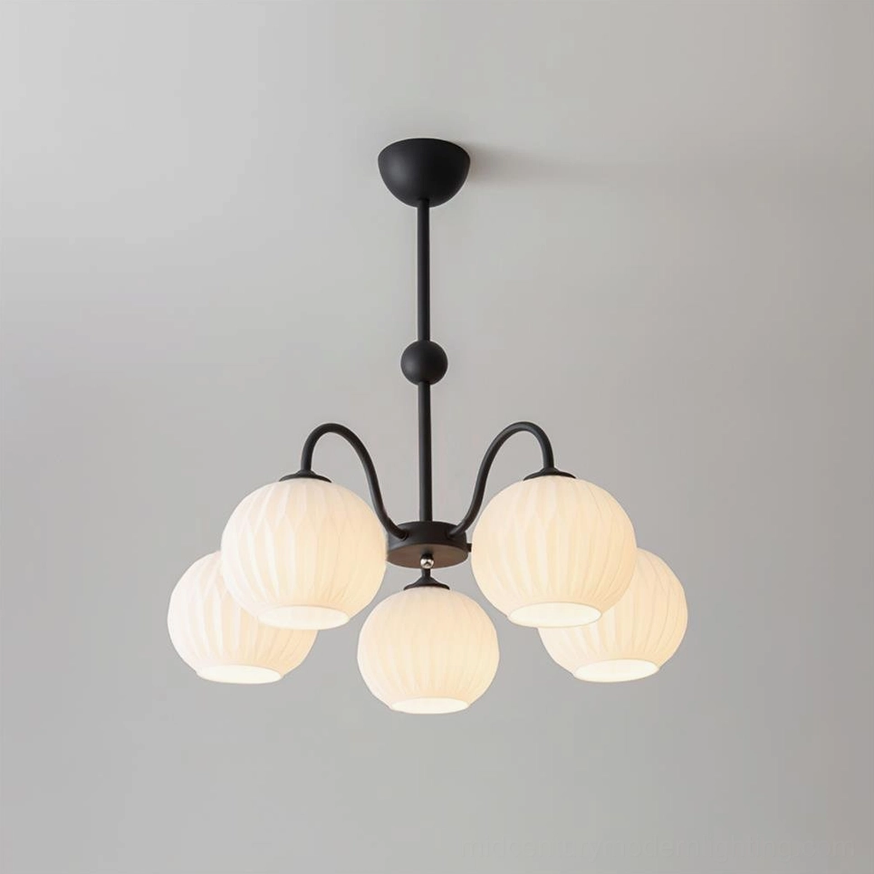 Renee 5-head black metal frame globe pendant chandelier overhead installed perspective
