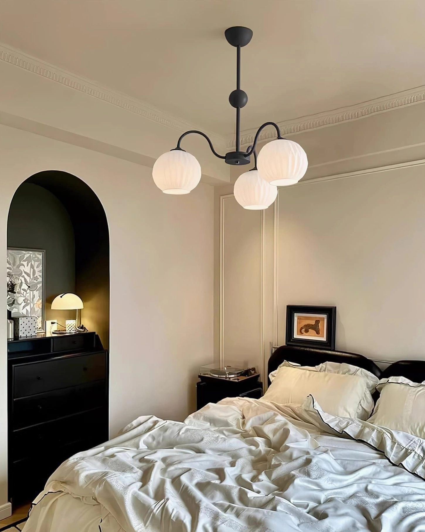 Renee 5-head metal frame globe chandelier detail showing globe attachment and frame construction