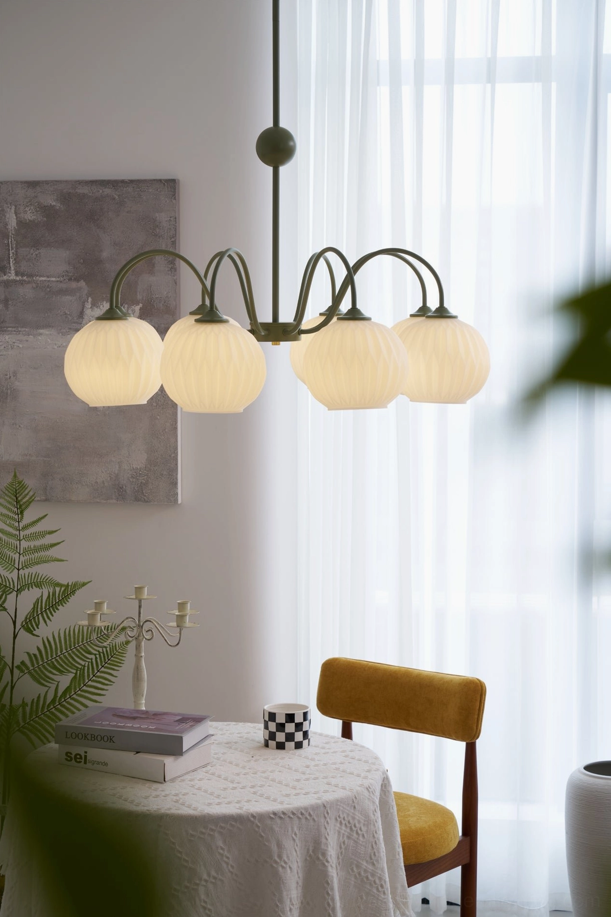 Renee 5-head sage green metal frame chandelier side view showing proportional design and glass globe placement