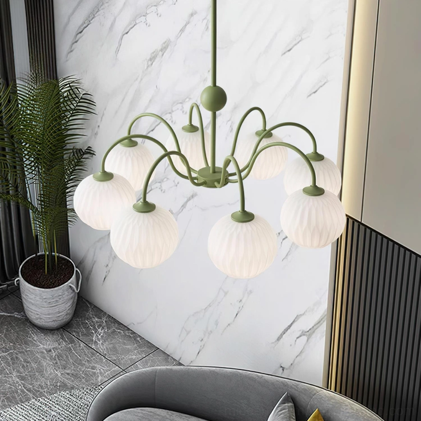 Renee 5-head sage green chandelier modern eclectic living space mixed metals and textures