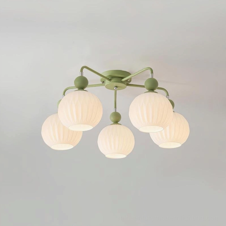 5-light sage green ceiling chandelier with ribbed opal glass shades, close-up overhead detail shot