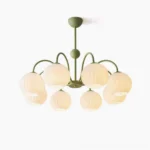 Renee 8-head globe pendant chandelier with sage green metal frame and textured off-white glass shades on white background