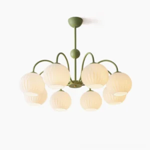 Renee 8-head globe pendant chandelier with sage green metal frame and textured off-white glass shades on white background