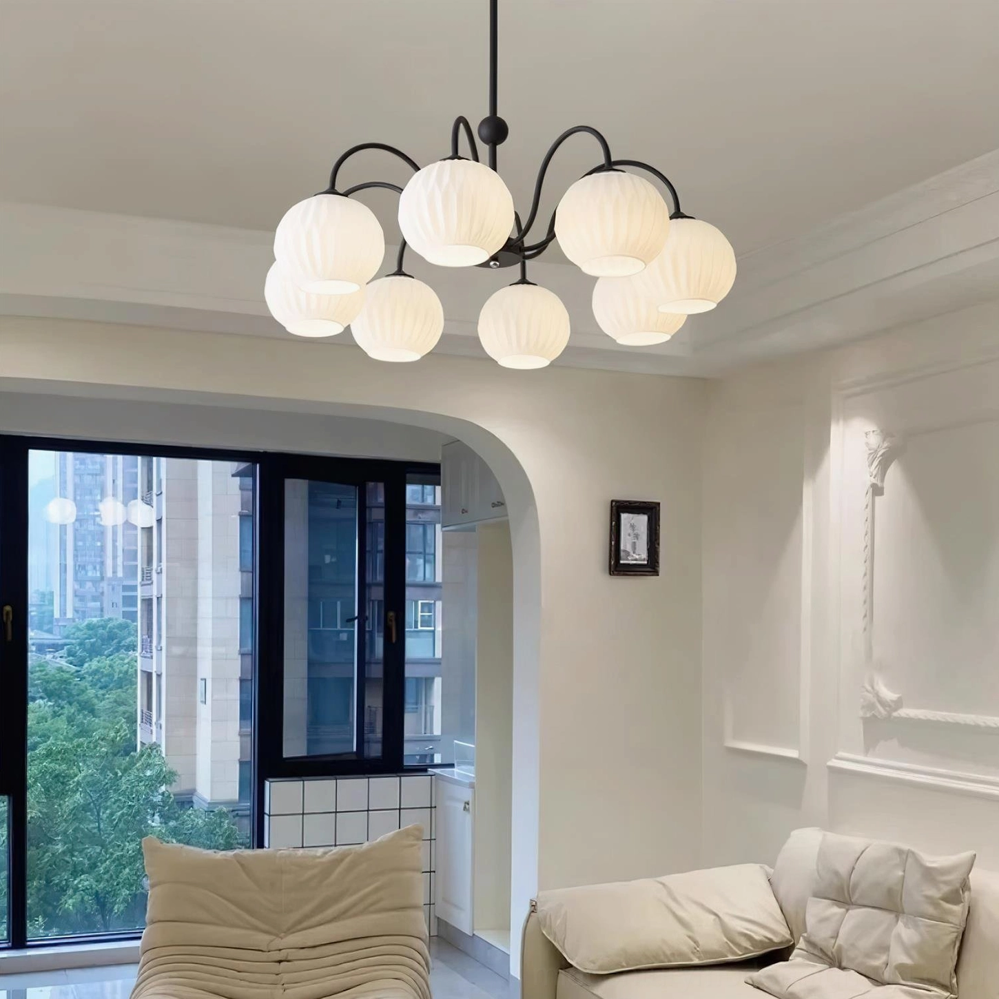 Renee white metal frame 8-head globe pendant chandelier full assembled view
