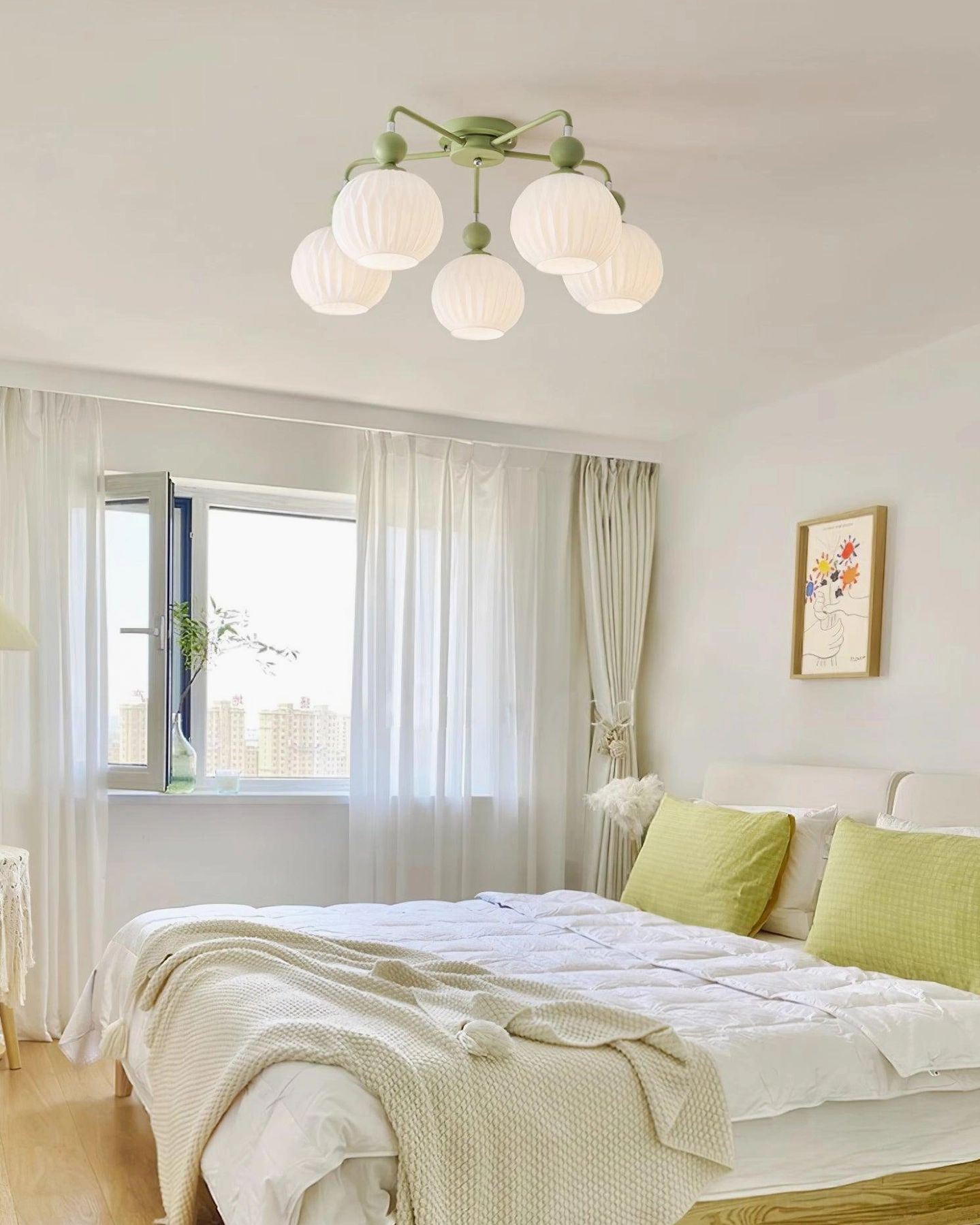 5-head sage green mid-century ceiling light installed in nordic style bedroom, warm ambient lighting