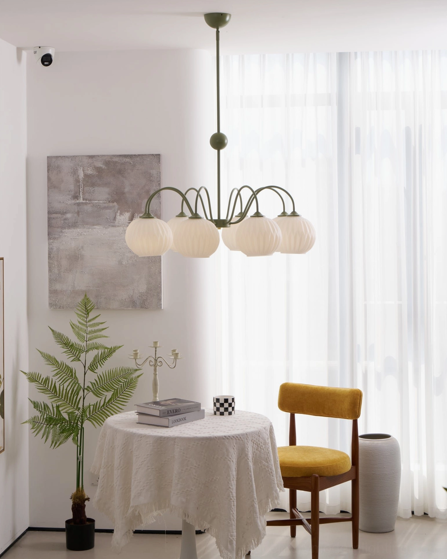 Renee 5-head black metal frame chandelier suspension rod and ceiling mounting detail