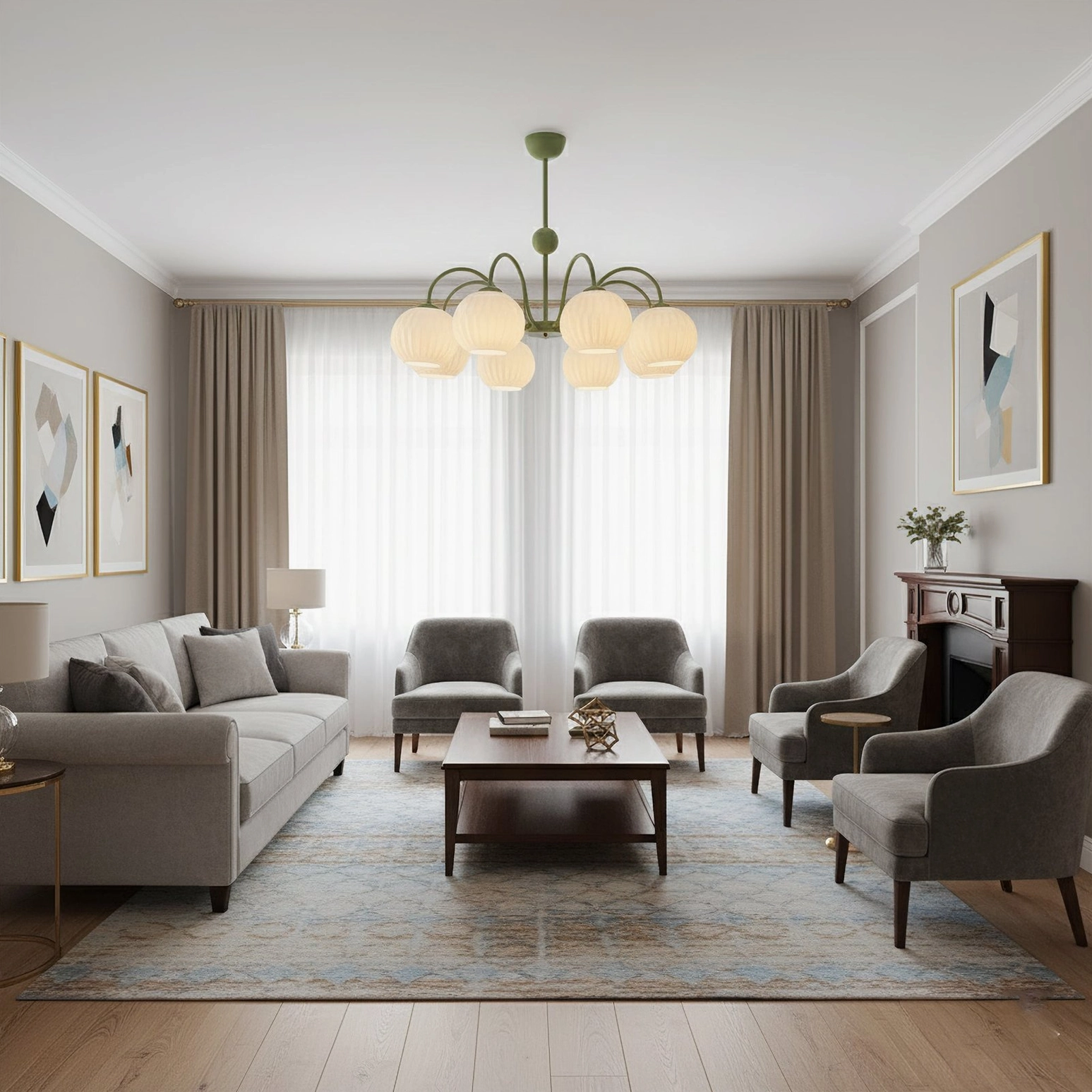 Renee multi-head pendant chandelier in formal fireplace living room with green panel walls and patterned area rug