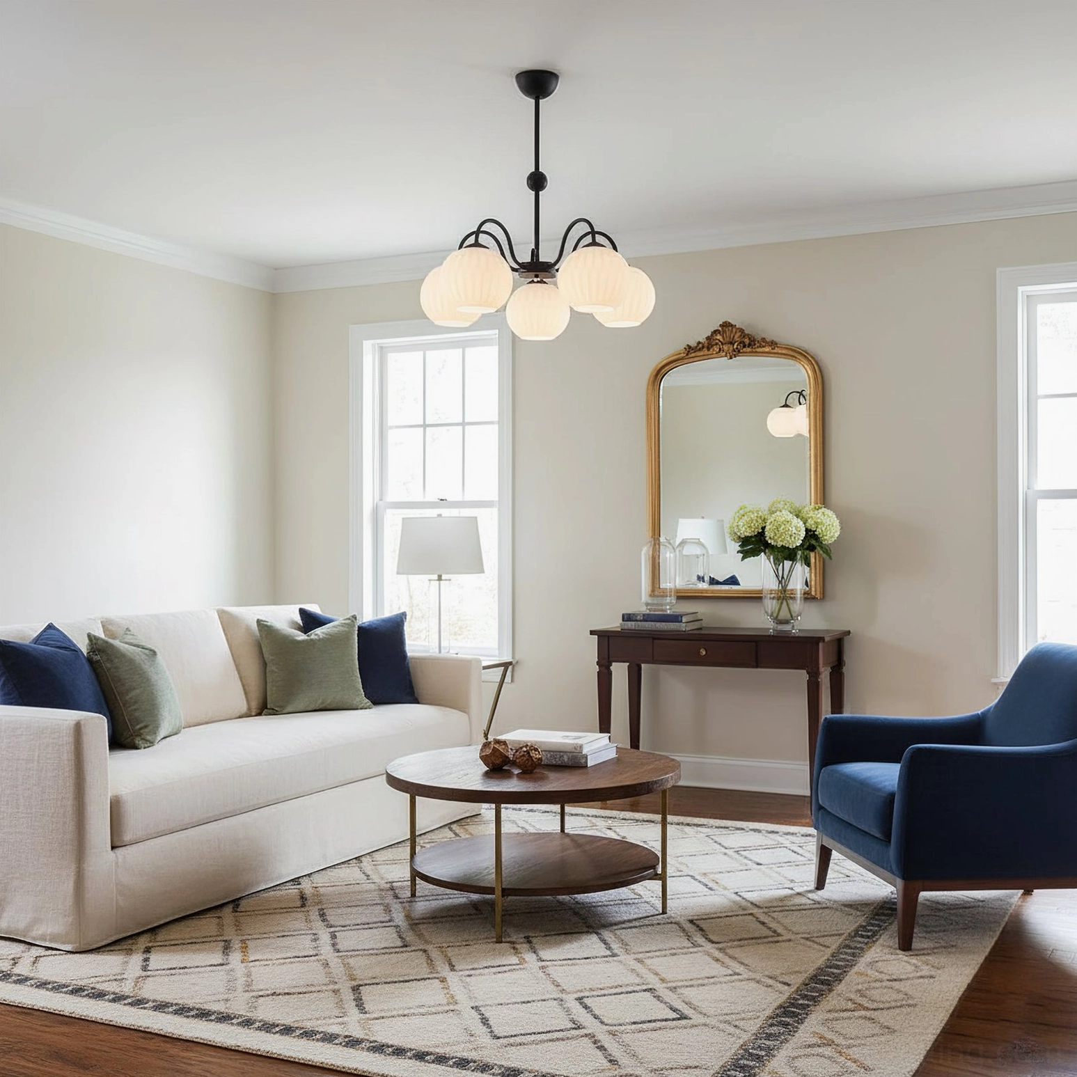 Renee black 3-head chandelier in farmhouse bedroom with shiplap walls wooden bed and rustic dresser