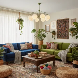 Renee multi-head chandelier in classic living room with vintage rug and potted plants, sage green frame creating warm ambient lighting