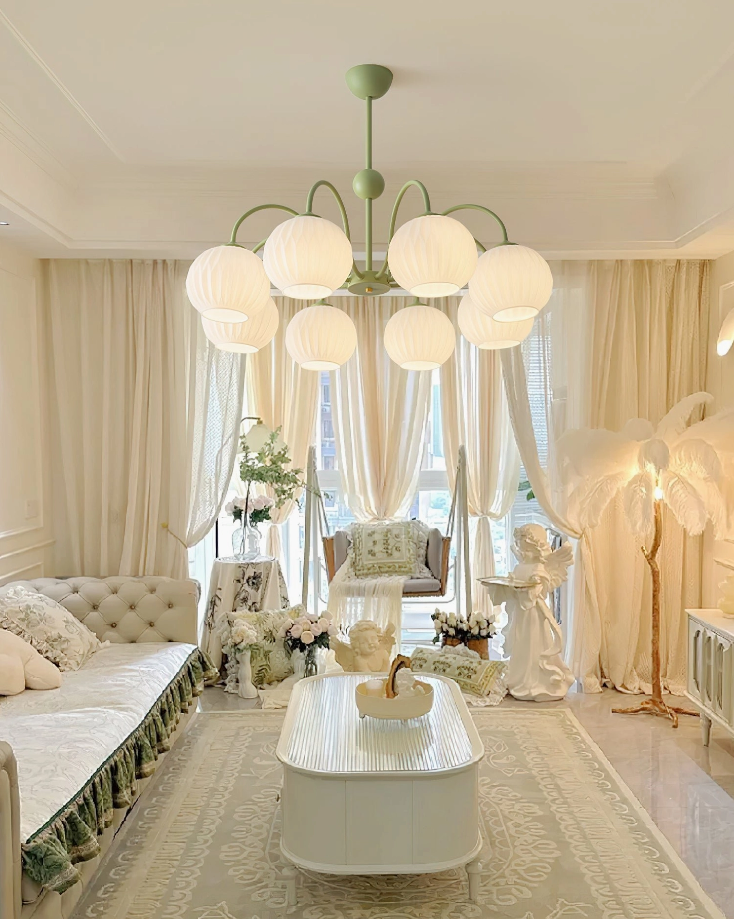 Renee sage green globe chandelier in farmhouse cottage interior with rustic shiplap walls