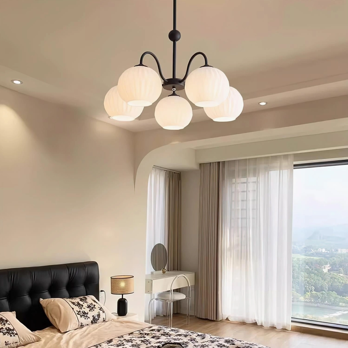 Renee globe chandelier textured shade interior diffuser showing light scattering technology