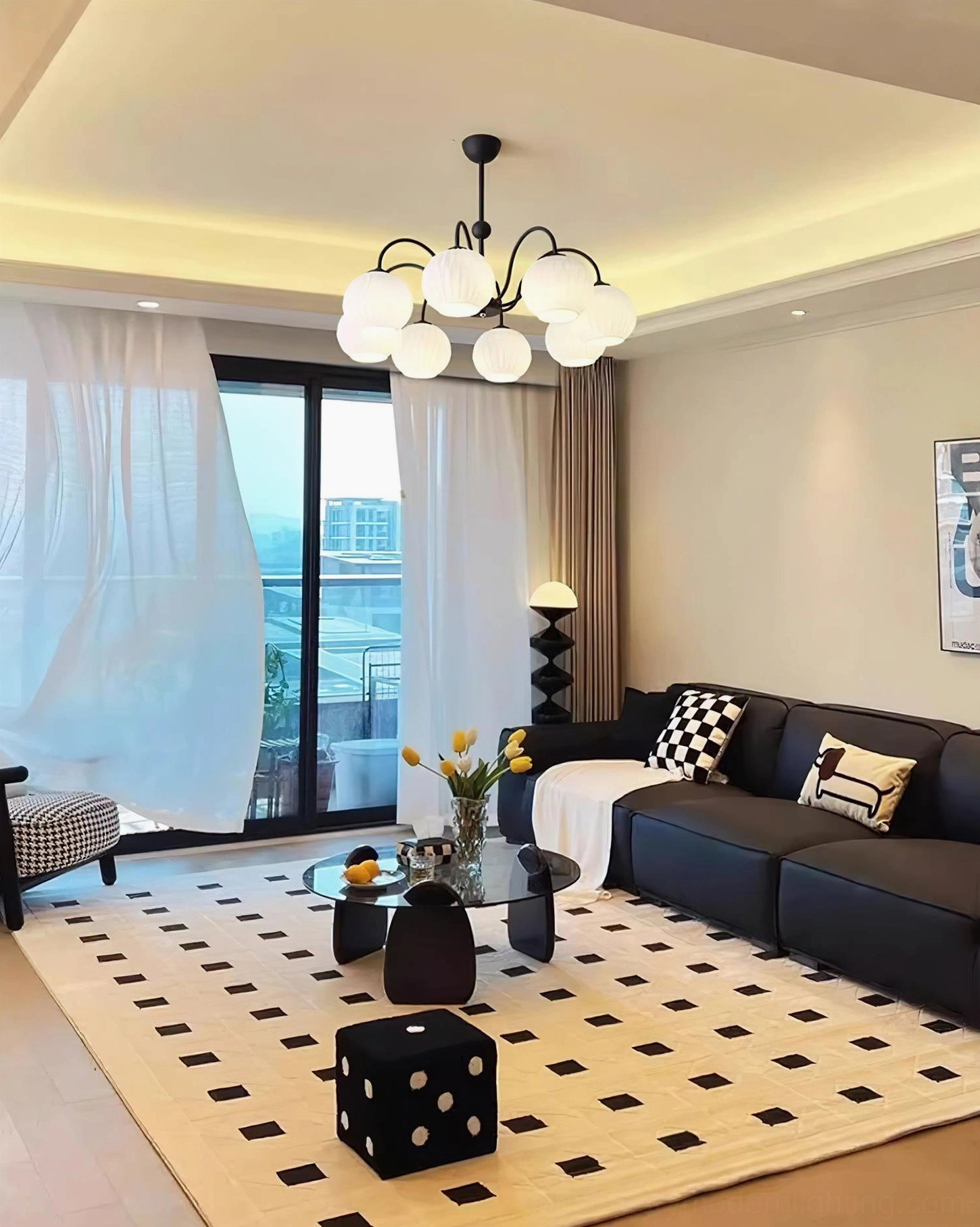 Renee white globe chandelier paired with mid-century modern furniture and natural wood elements
