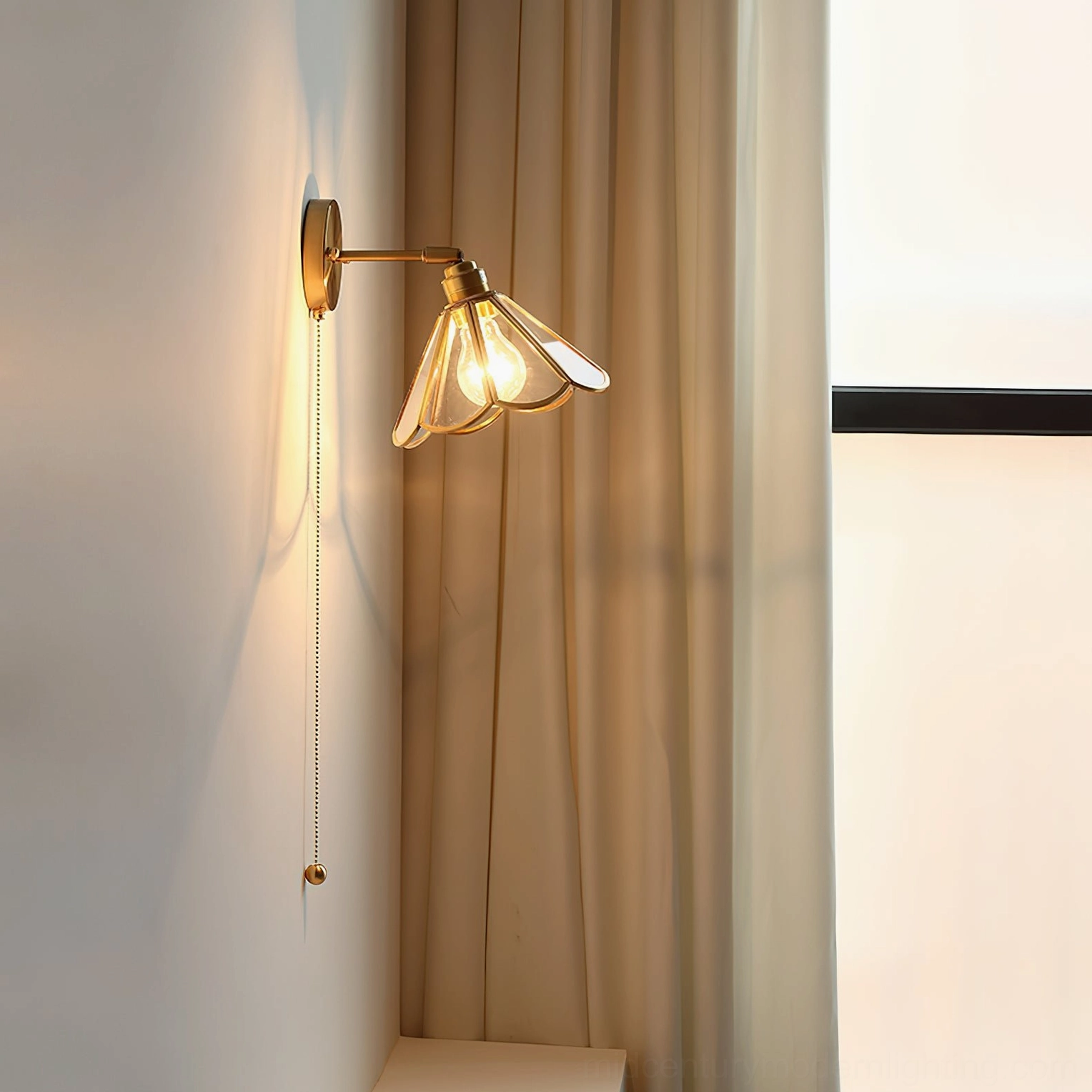 Rennes brass wall lamp petal shade exposed bulb corner home setting