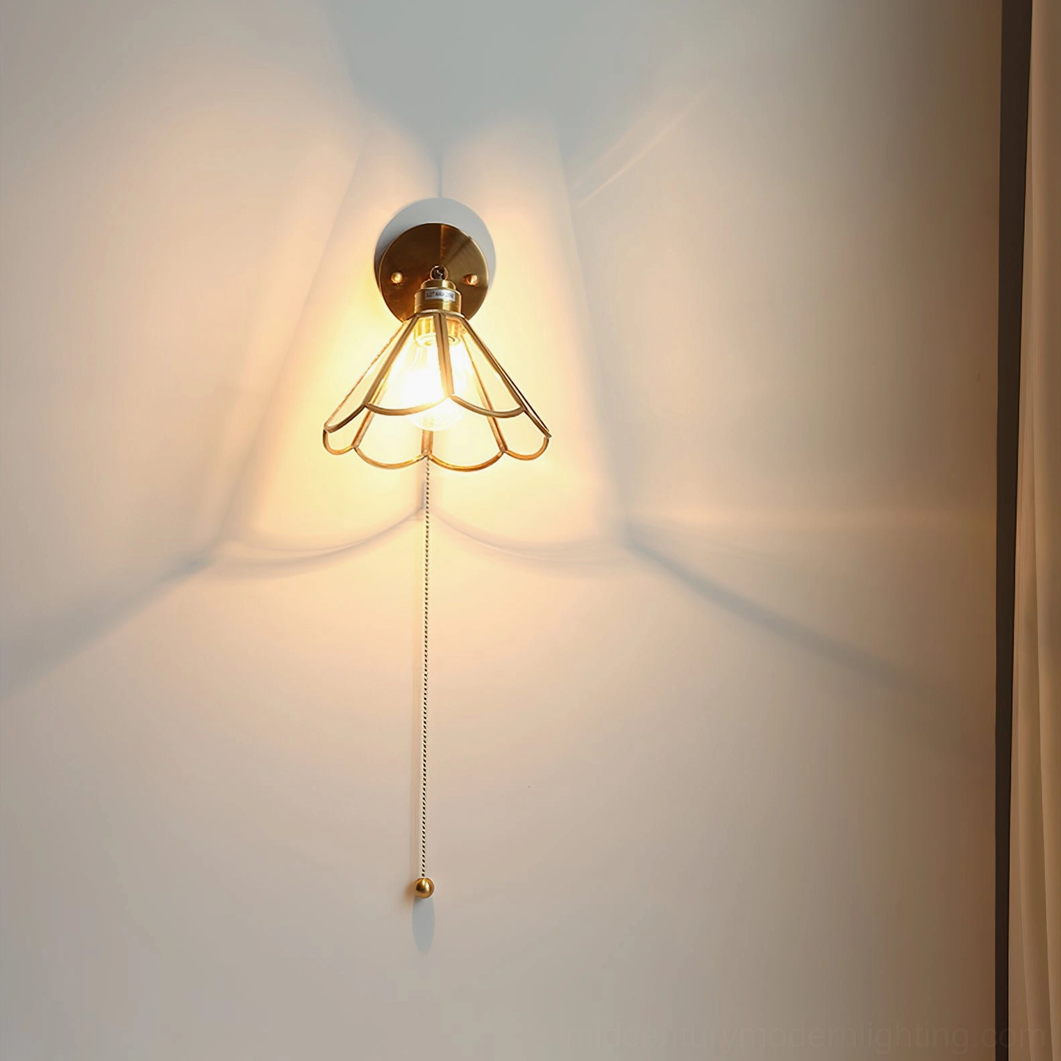 Rennes mid-century wall lamp petal wire frame exposed bulb pull chain