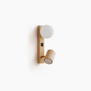 Rensen dual-head wooden wall lamp with frosted glass globe and adjustable spotlight on white studio background, showcasing mid-century modern design and natural wood grain detail