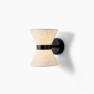Renwick hourglass wall sconce with beige linen shade and matte black metal frame, front view on white background