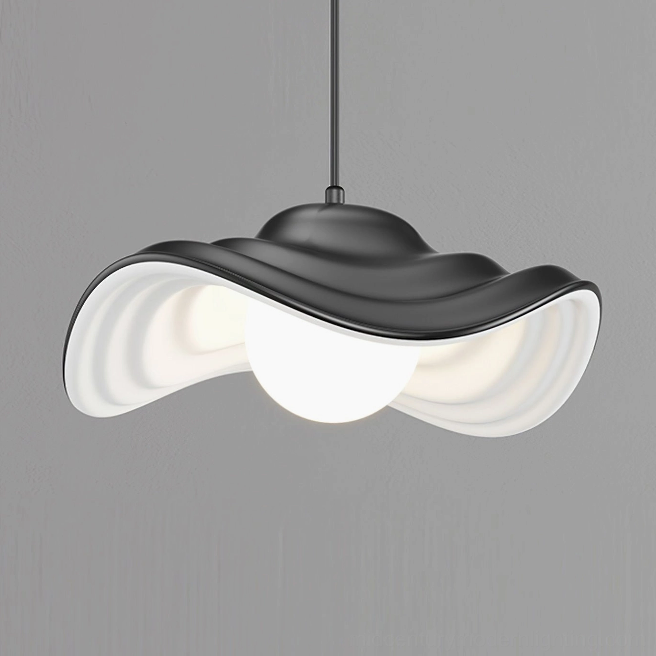 Wavy pendant light with premium resin construction shown in modern home interior, featuring rippled edge detail and elegant suspension