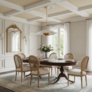 Ressi pendant light installed in formal neoclassical dining room, warm brass and white fixture suspended above elegant dining setting