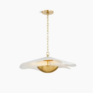 Ressi modern pendant light with white layered fabric shade and polished brass accents, front overhead view against white studio background