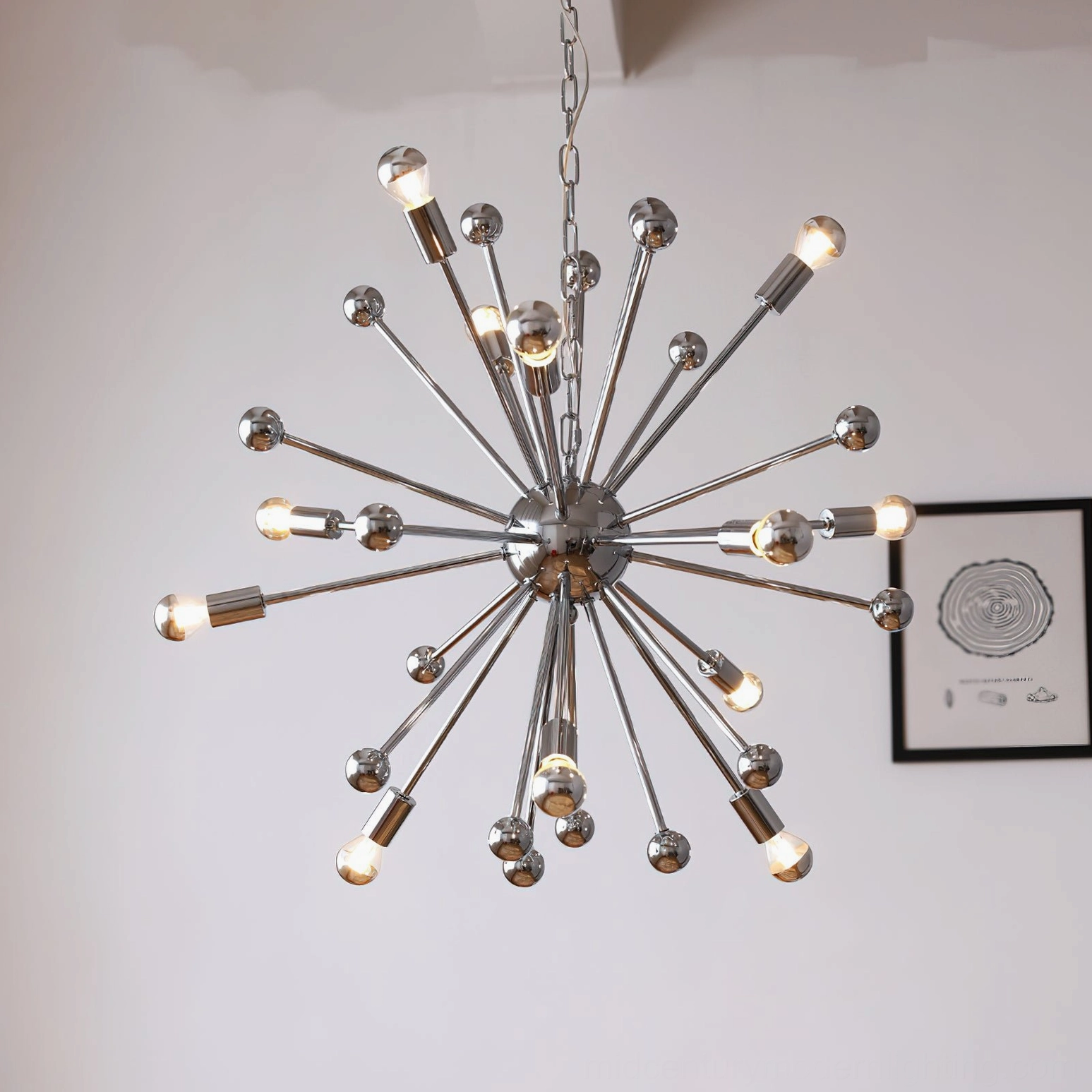 Retro atomic sputnik chandelier fully lit warm Edison-style bulbs vintage modern