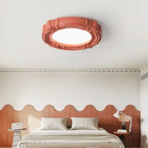Vintage retro ceiling lamp with intricate carved frame mounted on French bedroom ceiling, low angle perspective