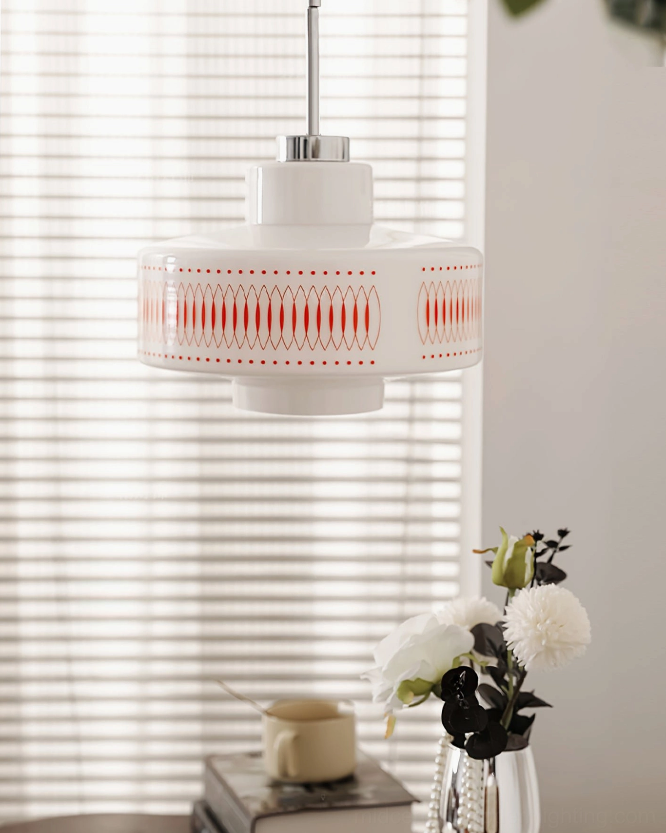 Retro Circle pendant light displayed in modern interior space with natural window light and home decor accessories