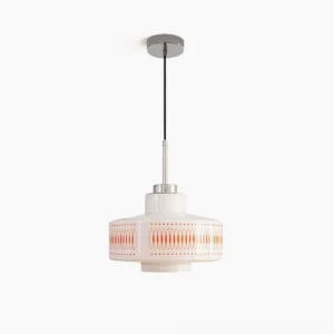 Retro Circle pendant light with hand-printed burnt-orange geometric pattern on glossy white borosilicate glass, polished chrome hardware, mid-century modern lighting design