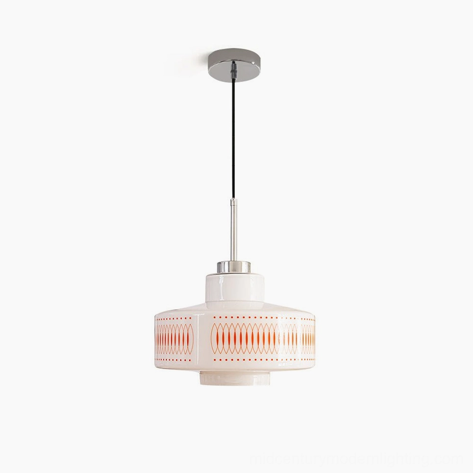 Retro Circle pendant light with hand-printed burnt-orange geometric pattern on glossy white borosilicate glass, polished chrome hardware, mid-century modern lighting design