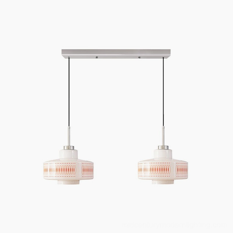 Twin Linear 2-head Retro Circle pendant light configuration (L 23.6" x H 59") with coordinated burnt-orange geometric patterns