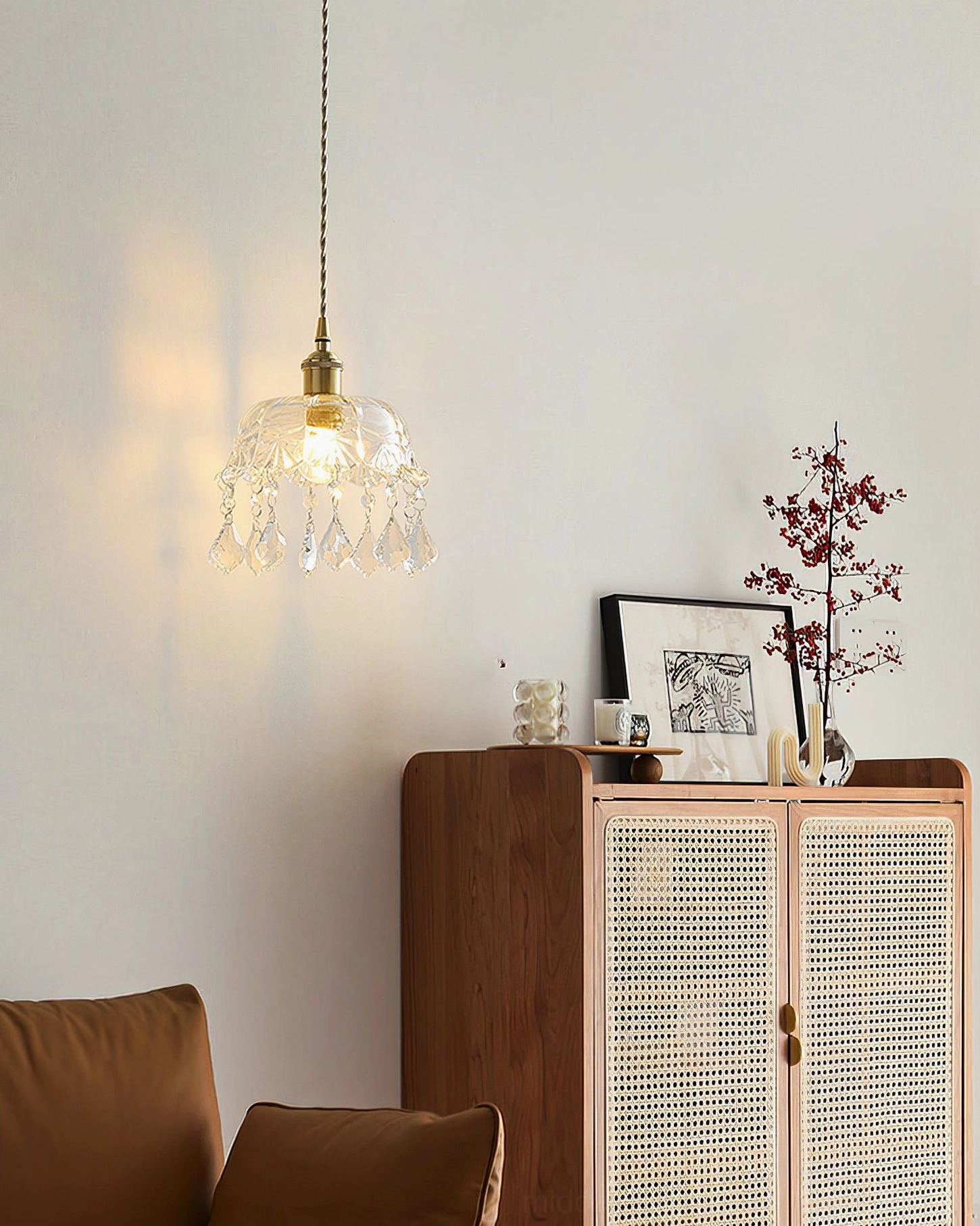 Retro living room crystal pendant with rattan cabinet, tabletop ornaments, mid-century style