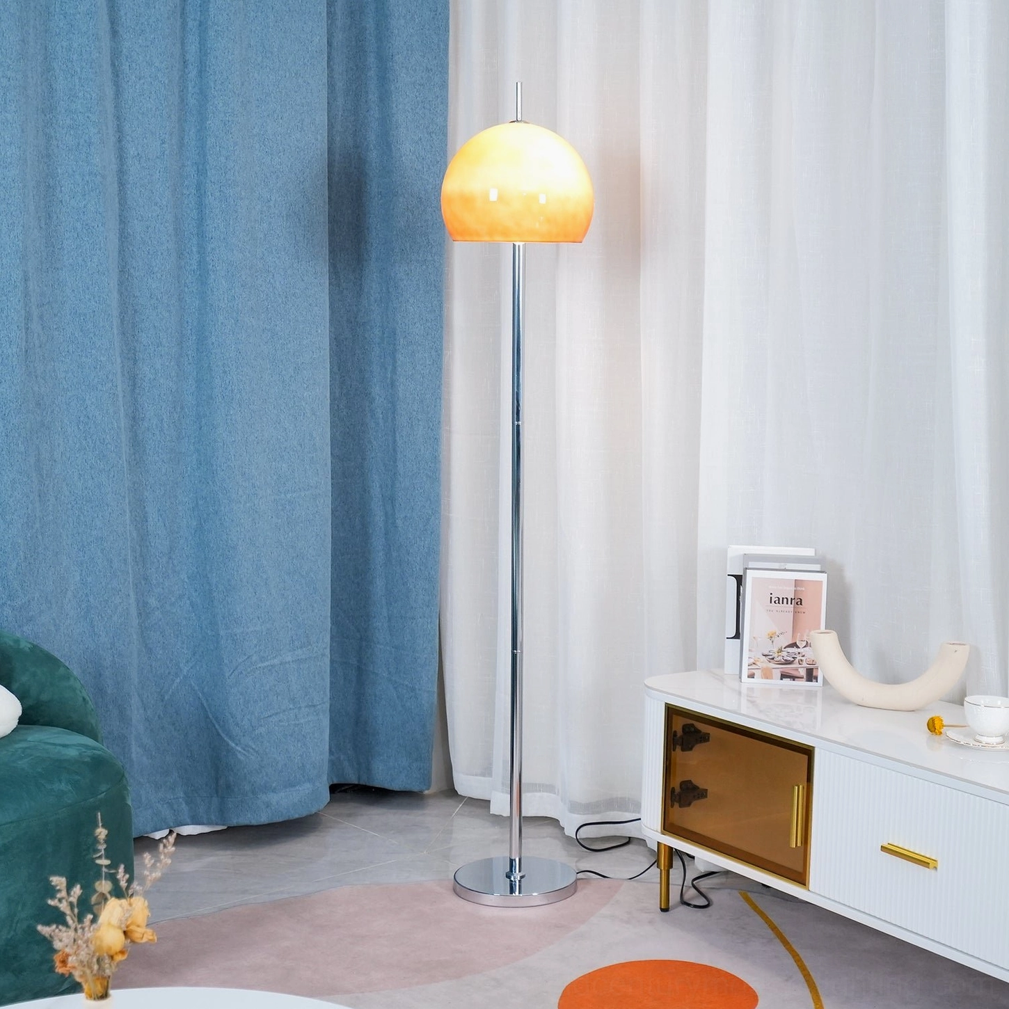 Retro mushroom lamp illuminating room corner with warm aesthetic lighting