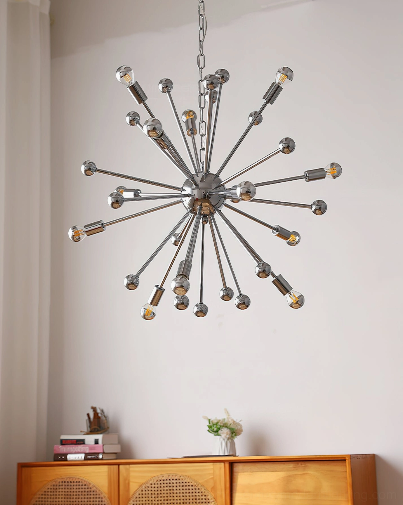 Retro sputnik chandelier polished chrome starburst arms unlit modern living space