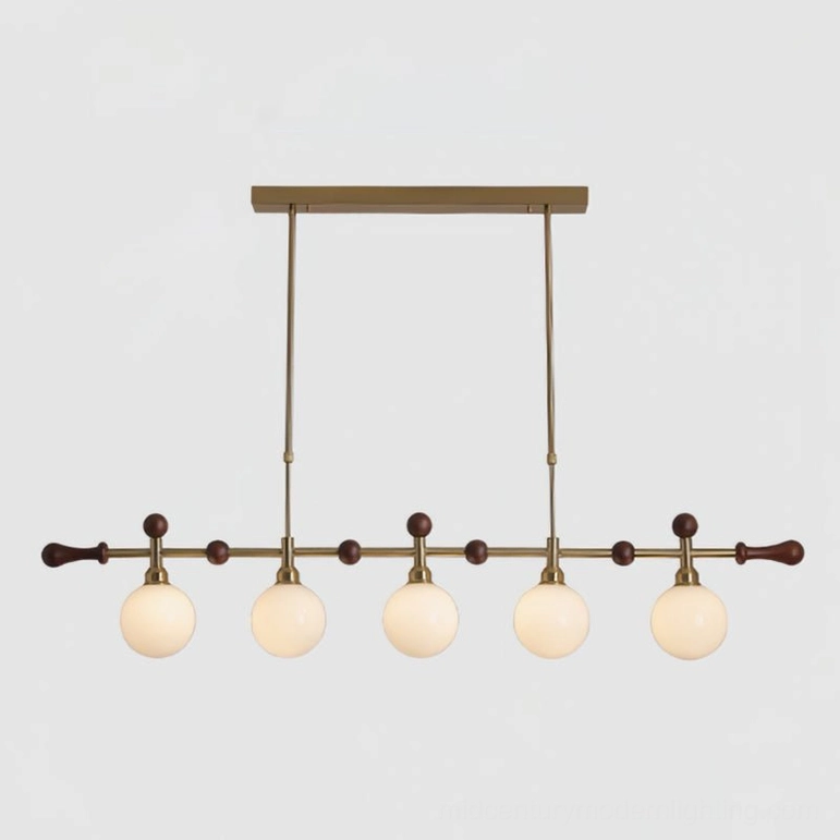 Reya 5-head linear chandelier in walnut color and brass gold finish, authentic mid-century modern chandelier for elegant dining spaces