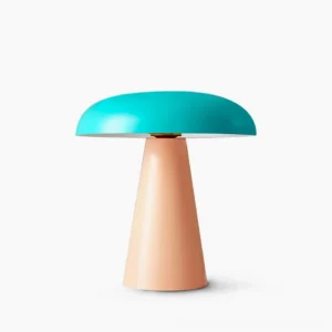 Rhea mushroom table lamp front view pastel pink and blue metal finish on white background