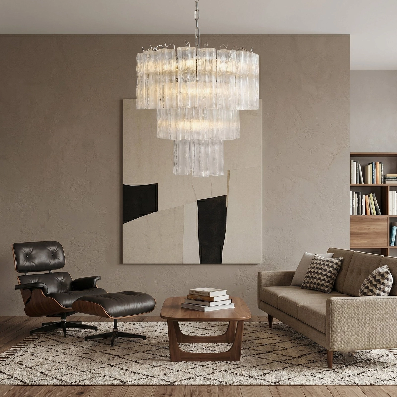 Transparent fluted glass chandelier in mid-century modern living room design
